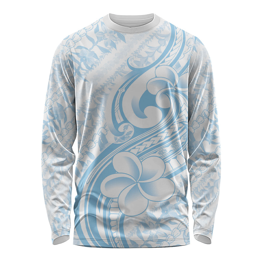 Hawaii Plumeria Lokelani Pikake Lei Long Sleeve Shirt Uliuli Polynesian Tattoo LT9 Unisex Blue - Polynesian Pride