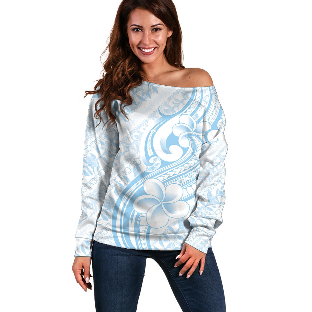 Hawaii Plumeria Lokelani Pikake Lei Off Shoulder Sweater Uliuli Polynesian Tattoo LT9 Women Blue - Polynesian Pride