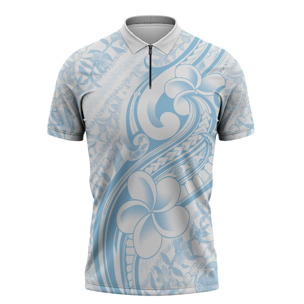 Hawaii Plumeria Lokelani Pikake Lei Zipper Polo Shirt Uliuli Polynesian Tattoo LT9 Blue - Polynesian Pride