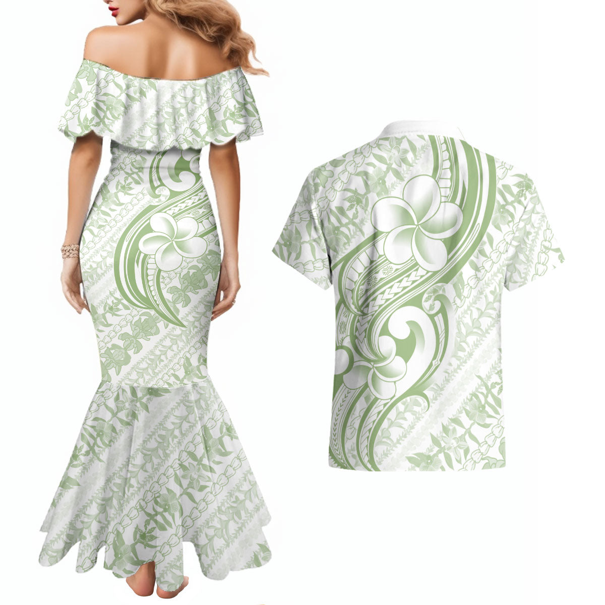 Hawaii Plumeria Lokelani Pikake Lei Couples Matching Mermaid Dress and Hawaiian Shirt Oma'oma'o Polynesian Tattoo