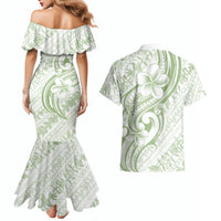 Hawaii Plumeria Lokelani Pikake Lei Couples Matching Mermaid Dress and Hawaiian Shirt Oma'oma'o Polynesian Tattoo