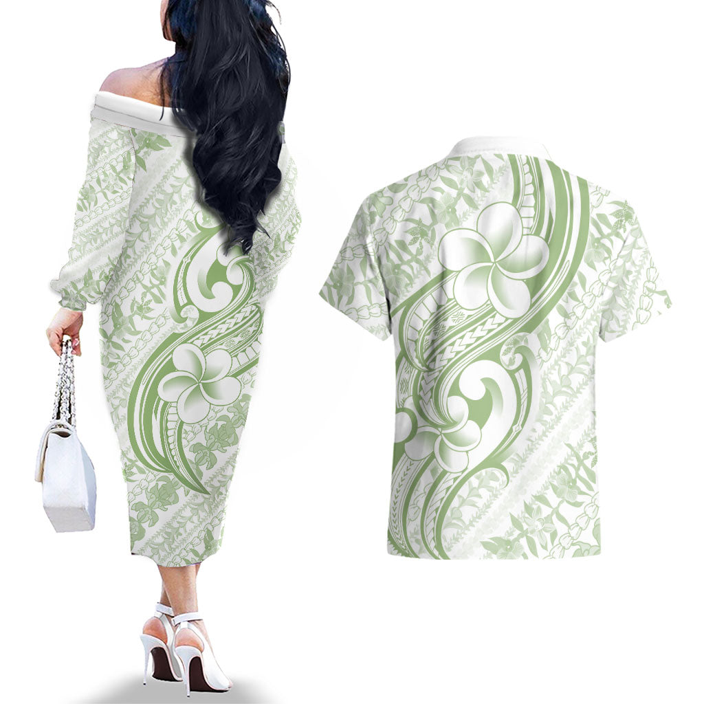 Hawaii Plumeria Lokelani Pikake Lei Couples Matching Off The Shoulder Long Sleeve Dress and Hawaiian Shirt Oma'oma'o Polynesian Tattoo