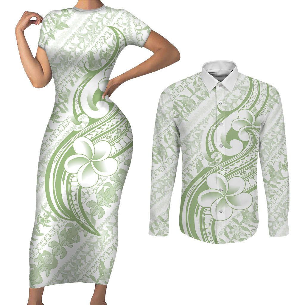 Hawaii Plumeria Lokelani Pikake Lei Couples Matching Short Sleeve Bodycon Dress and Long Sleeve Button Shirt Oma'oma'o Polynesian Tattoo