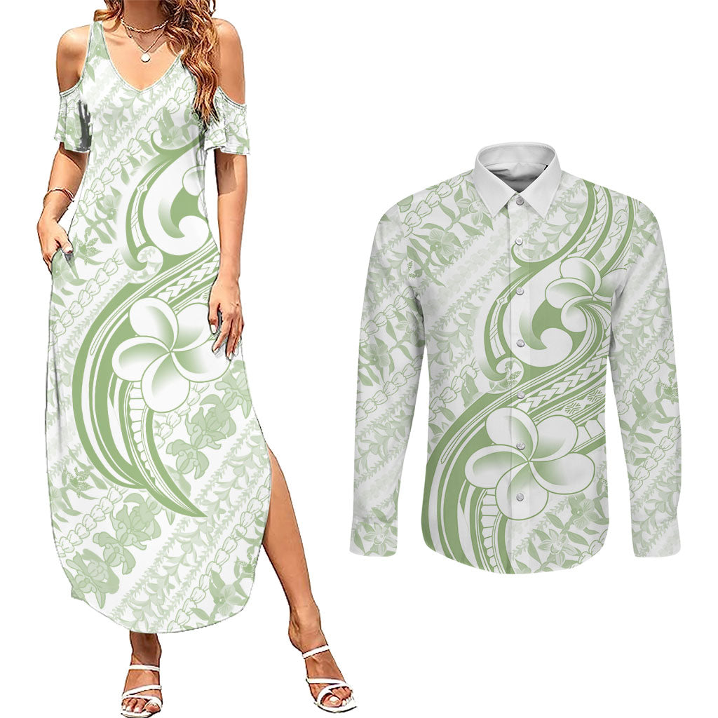 Hawaii Plumeria Lokelani Pikake Lei Couples Matching Summer Maxi Dress and Long Sleeve Button Shirt Oma'oma'o Polynesian Tattoo