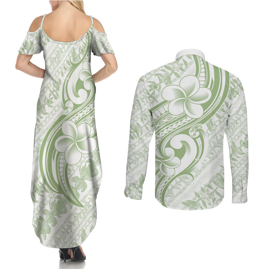 Hawaii Plumeria Lokelani Pikake Lei Couples Matching Summer Maxi Dress and Long Sleeve Button Shirt Oma'oma'o Polynesian Tattoo