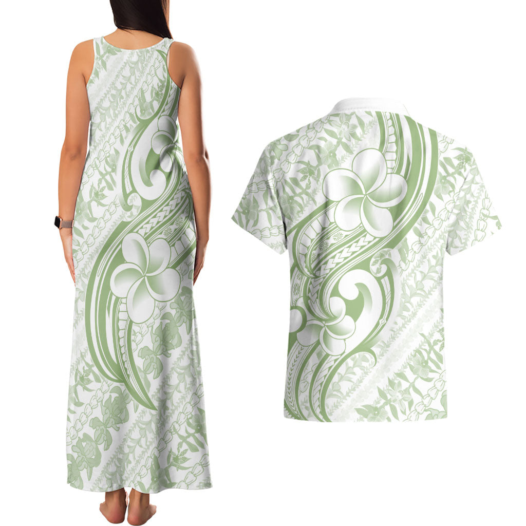 Hawaii Plumeria Lokelani Pikake Lei Couples Matching Tank Maxi Dress and Hawaiian Shirt Oma'oma'o Polynesian Tattoo