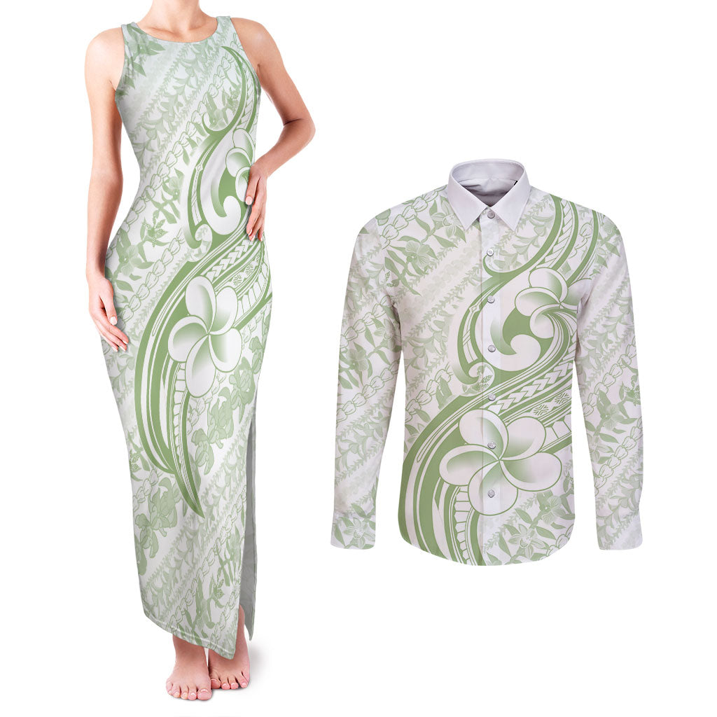 Hawaii Plumeria Lokelani Pikake Lei Couples Matching Tank Maxi Dress and Long Sleeve Button Shirt Oma'oma'o Polynesian Tattoo