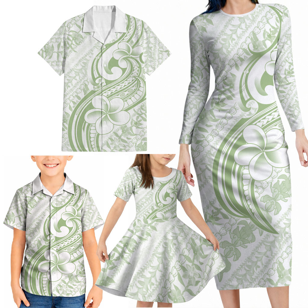 Hawaii Plumeria Lokelani Pikake Lei Family Matching Long Sleeve Bodycon Dress and Hawaiian Shirt Oma'oma'o Polynesian Tattoo LT9 - Polynesian Pride