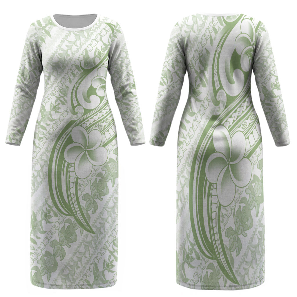 Hawaii Plumeria Lokelani Pikake Lei Family Matching Long Sleeve Bodycon Dress and Hawaiian Shirt Oma'oma'o Polynesian Tattoo LT9 Mom's Dress Green - Polynesian Pride