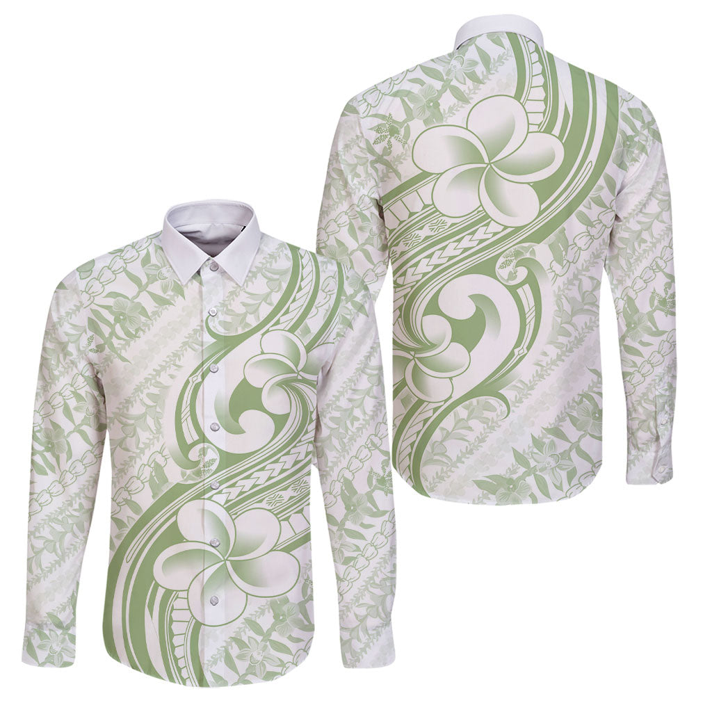 Hawaii Plumeria Lokelani Pikake Lei Family Matching Long Sleeve Bodycon Dress and Hawaiian Shirt Oma'oma'o Polynesian Tattoo LT9 Dad's Shirt - Long Sleeve Green - Polynesian Pride