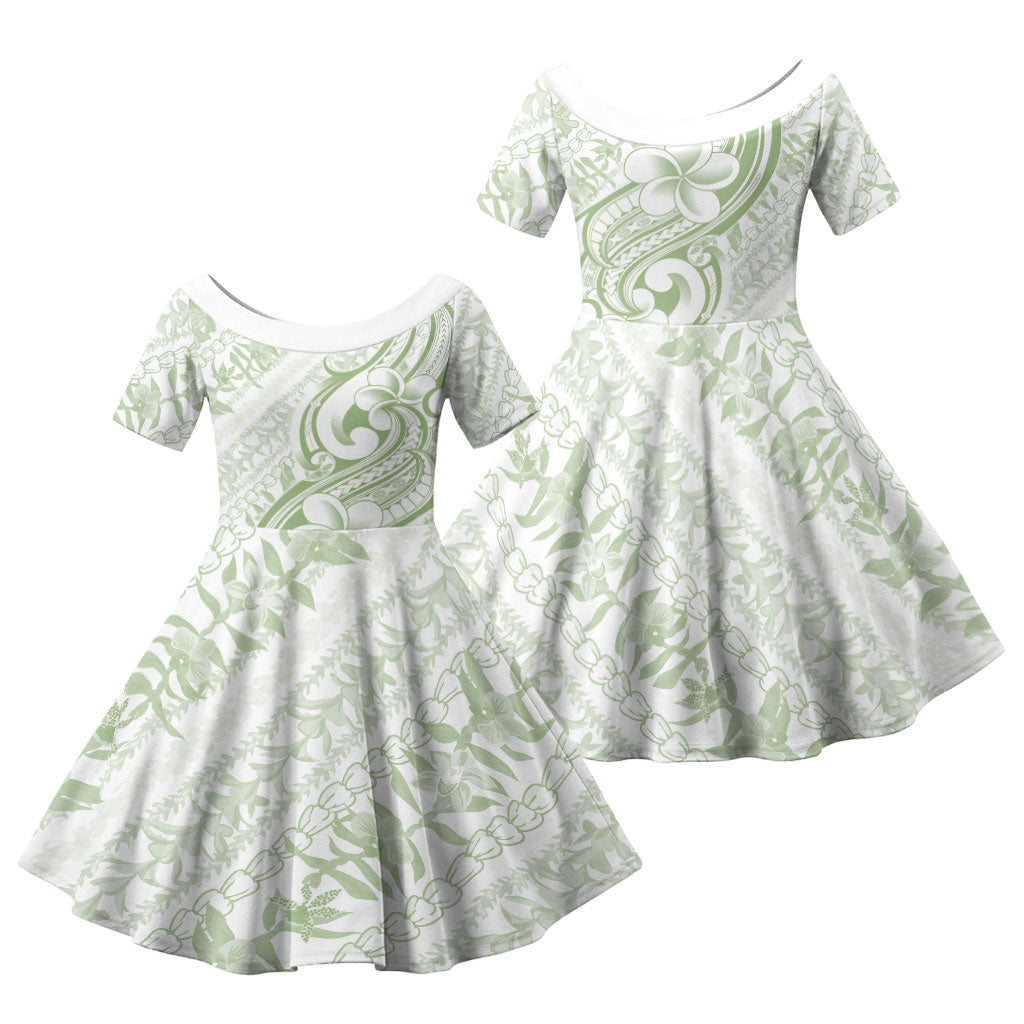 Hawaii Plumeria Lokelani Pikake Lei Family Matching Long Sleeve Bodycon Dress and Hawaiian Shirt Oma'oma'o Polynesian Tattoo LT9 Daughter's Dress Green - Polynesian Pride