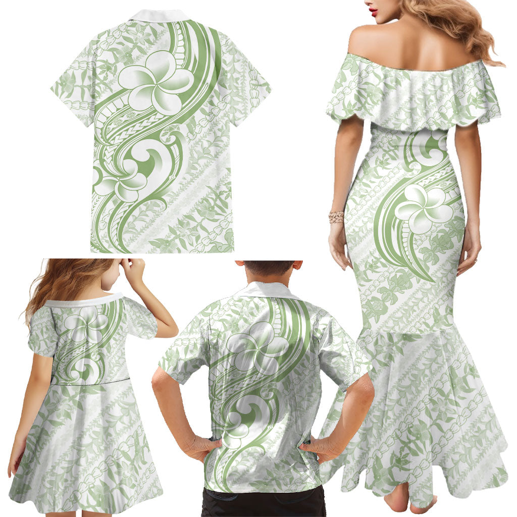 Hawaii Plumeria Lokelani Pikake Lei Family Matching Mermaid Dress and Hawaiian Shirt Oma'oma'o Polynesian Tattoo