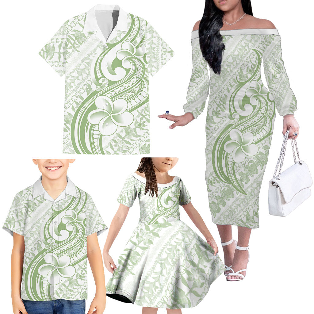 Hawaii Plumeria Lokelani Pikake Lei Family Matching Off The Shoulder Long Sleeve Dress and Hawaiian Shirt Oma'oma'o Polynesian Tattoo