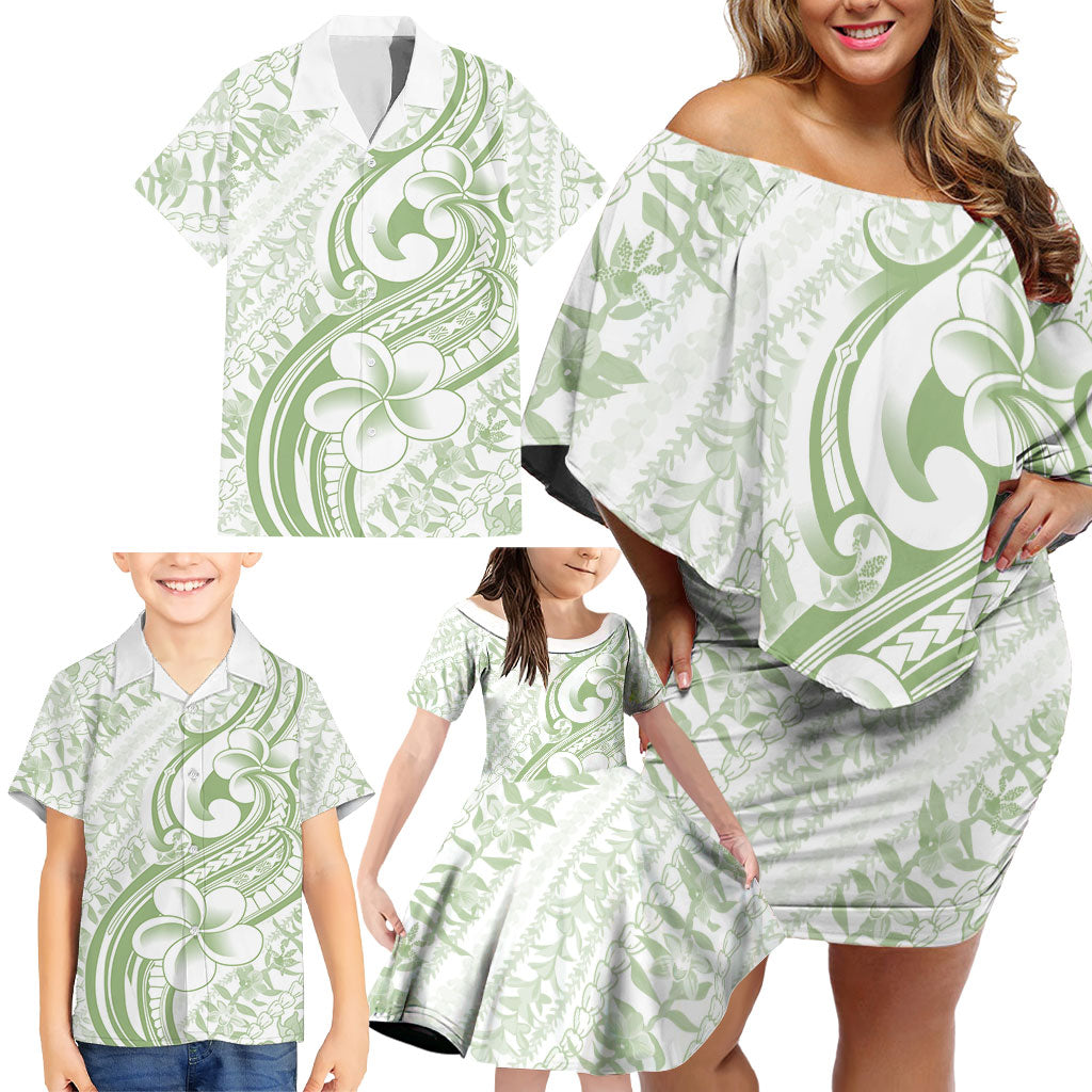 Hawaii Plumeria Lokelani Pikake Lei Family Matching Off Shoulder Short Dress and Hawaiian Shirt Oma'oma'o Polynesian Tattoo