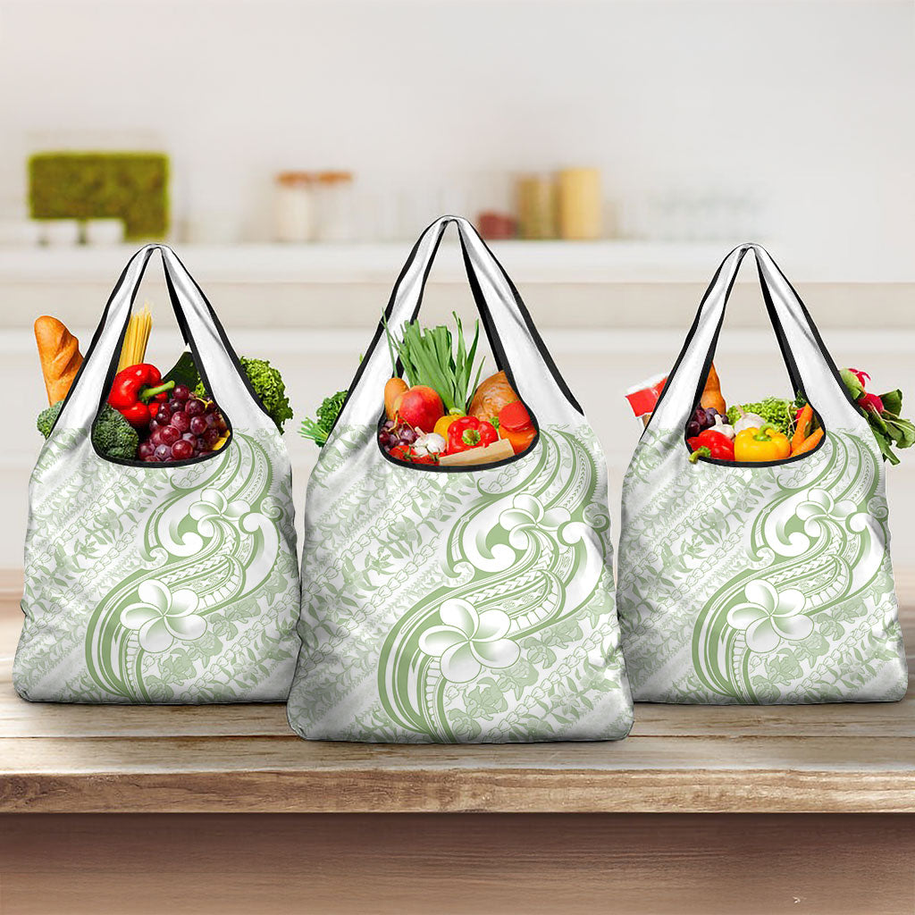 Hawaii Plumeria Lokelani Pikake Lei Grocery Bag Oma'oma'o Polynesian Tattoo LT9 3-pack One Size Green - Polynesian Pride