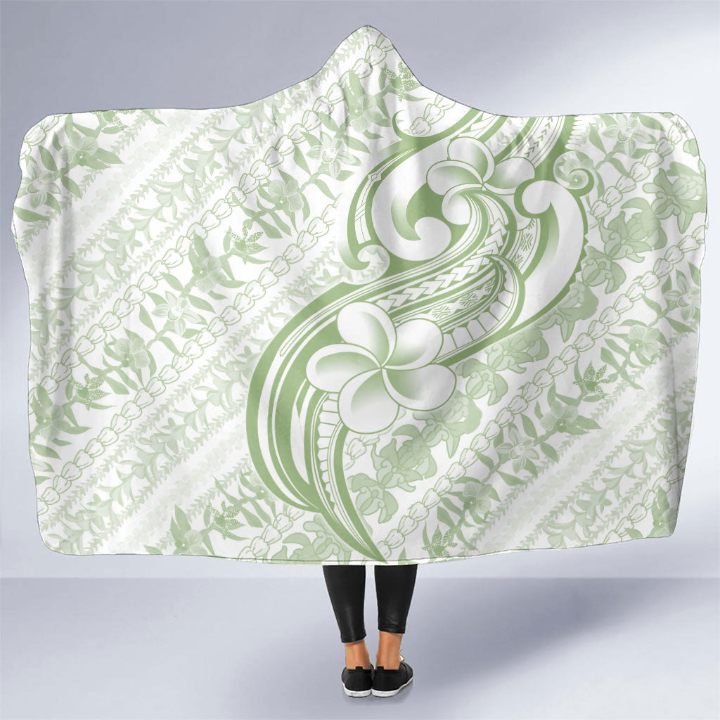 Hawaii Plumeria Lokelani Pikake Lei Hooded Blanket Oma'oma'o Polynesian Tattoo LT9 One Size Green - Polynesian Pride