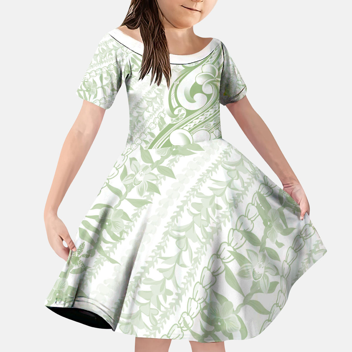 Hawaii Plumeria Lokelani Pikake Lei Kid Short Sleeve Dress Oma'oma'o Polynesian Tattoo LT9 KID Green - Polynesian Pride