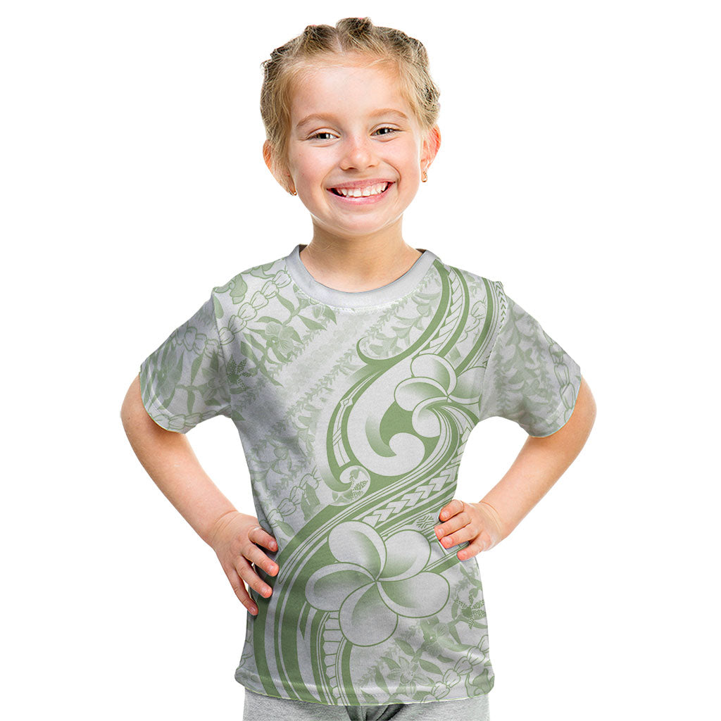 Hawaii Plumeria Lokelani Pikake Lei Kid T Shirt Oma'oma'o Polynesian Tattoo LT9 Green - Polynesian Pride