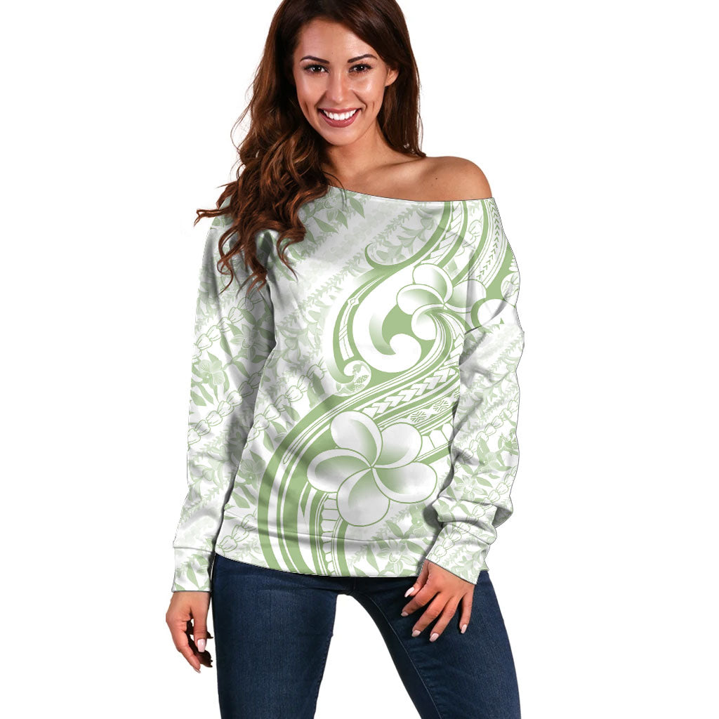Hawaii Plumeria Lokelani Pikake Lei Off Shoulder Sweater Oma'oma'o Polynesian Tattoo LT9 Women Green - Polynesian Pride