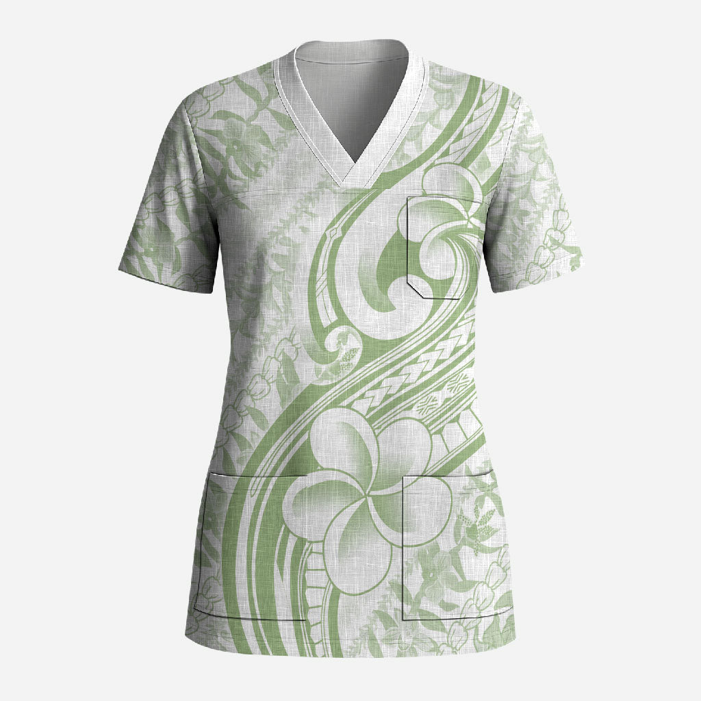 Hawaii Plumeria Lokelani Pikake Lei Scrub Top Oma'oma'o Polynesian Tattoo LT9 Adult Green - Polynesian Pride