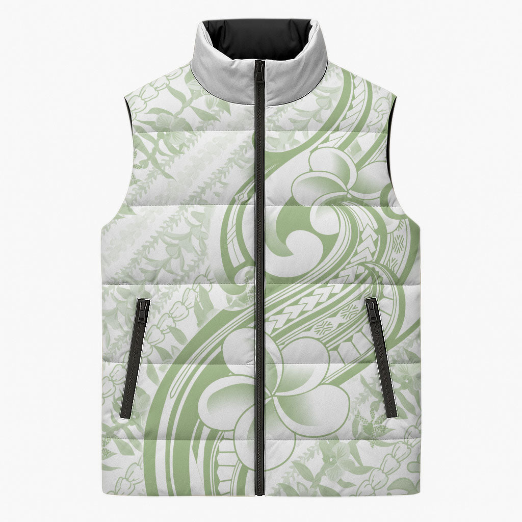 Hawaii Plumeria Lokelani Pikake Lei Sleeveless Puffer Jacket Oma'oma'o Polynesian Tattoo