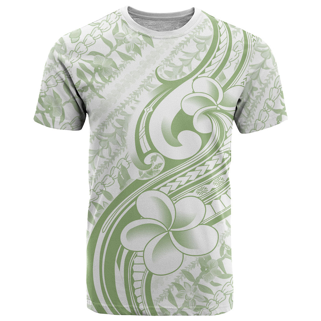 Hawaii Plumeria Lokelani Pikake Lei T Shirt Oma'oma'o Polynesian Tattoo LT9 Green - Polynesian Pride