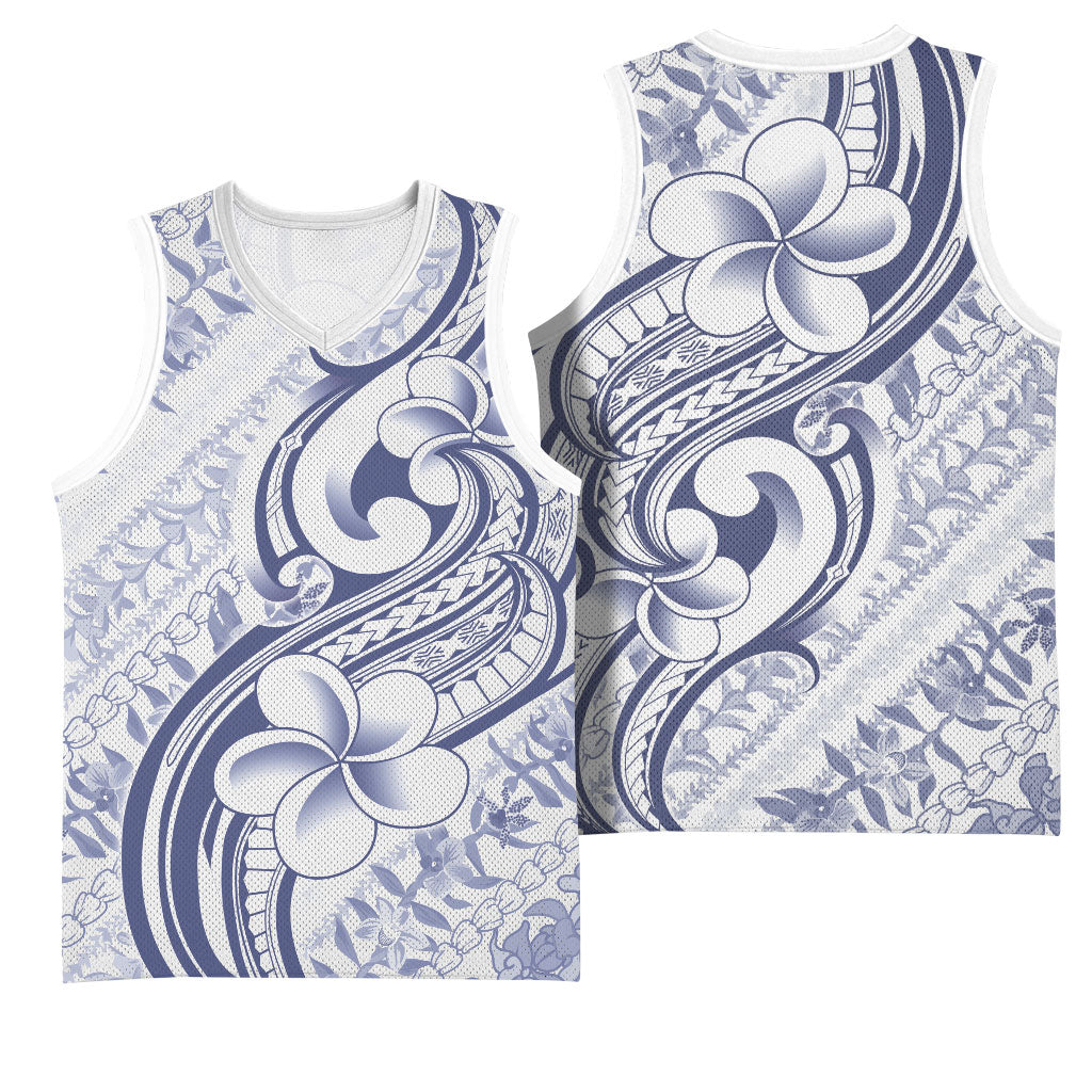 Hawaii Plumeria Lokelani Pikake Lei Basketball Jersey Navy Blue Polynesian Tattoo LT9 - Polynesian Pride