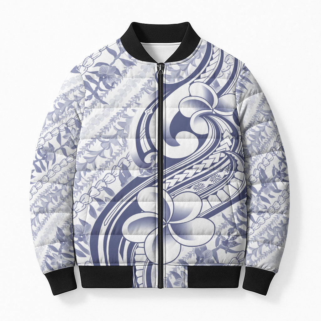 Hawaii Plumeria Lokelani Pikake Lei Bomber Puffer Jacket Navy Blue Polynesian Tattoo LT9 Unisex Navy Blue - Polynesian Pride