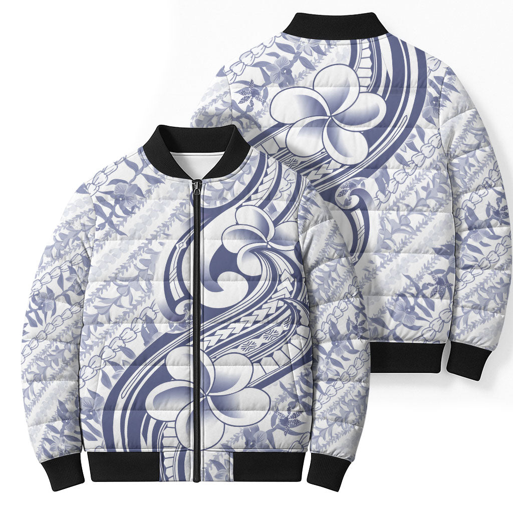 Hawaii Plumeria Lokelani Pikake Lei Bomber Puffer Jacket Navy Blue Polynesian Tattoo