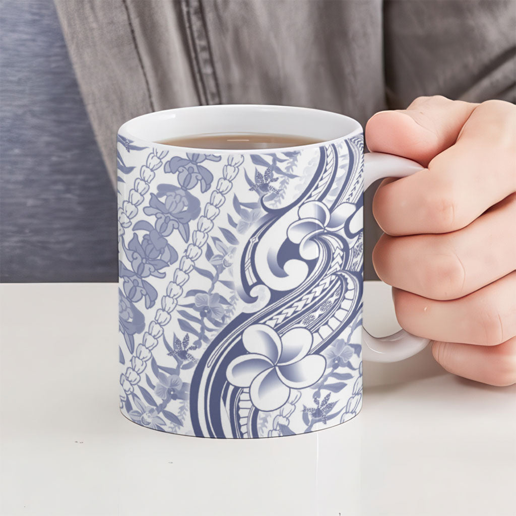 Hawaii Plumeria Lokelani Pikake Lei Ceramic Mug Navy Blue Polynesian Tattoo