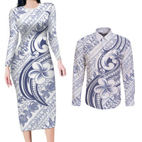 Hawaii Plumeria Lokelani Pikake Lei Couples Matching Long Sleeve Bodycon Dress and Long Sleeve Button Shirt Navy Blue Polynesian Tattoo