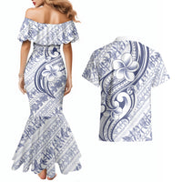 Hawaii Plumeria Lokelani Pikake Lei Couples Matching Mermaid Dress and Hawaiian Shirt Navy Blue Polynesian Tattoo