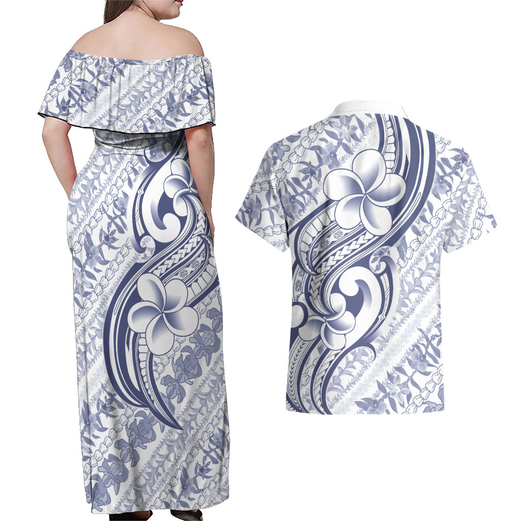 Hawaii Plumeria Lokelani Pikake Lei Couples Matching Off Shoulder Maxi Dress and Hawaiian Shirt Navy Blue Polynesian Tattoo