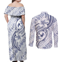 Hawaii Plumeria Lokelani Pikake Lei Couples Matching Off Shoulder Maxi Dress and Long Sleeve Button Shirt Navy Blue Polynesian Tattoo