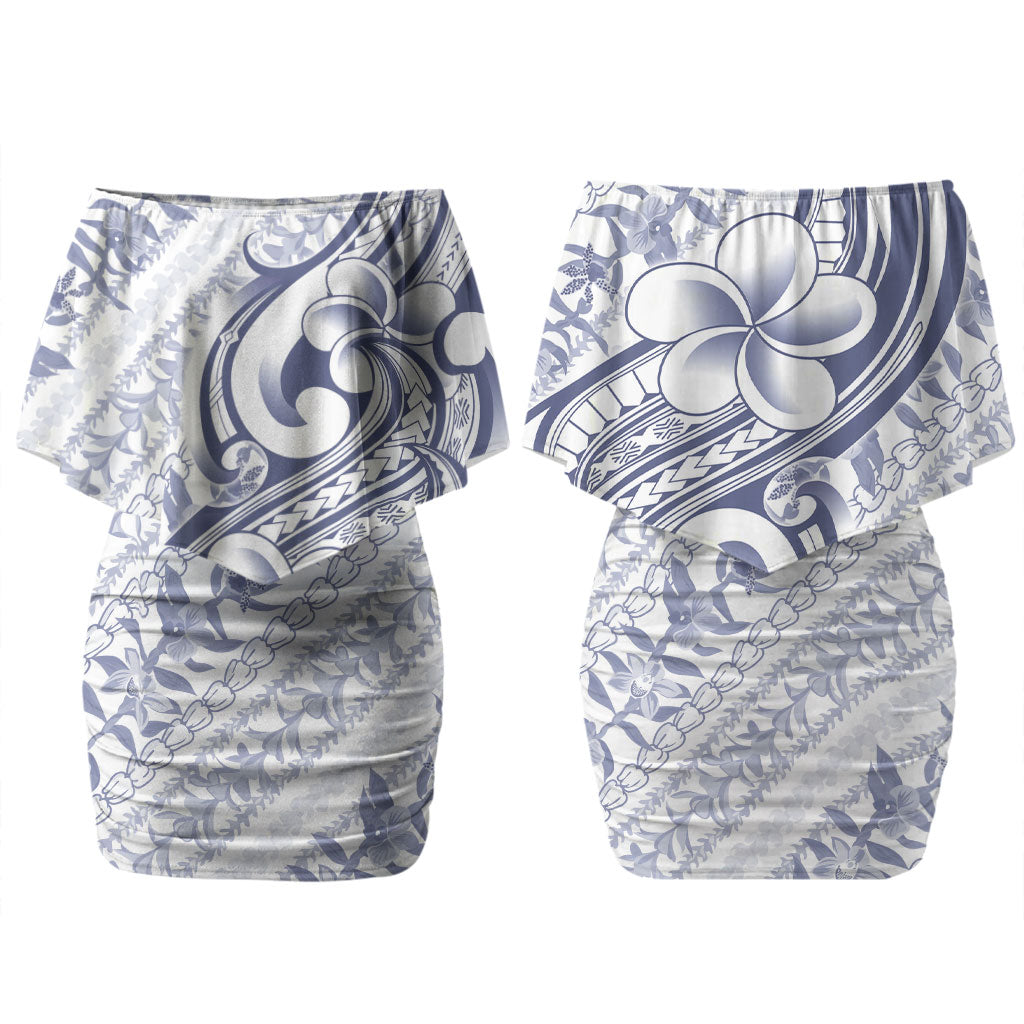 Hawaii Plumeria Lokelani Pikake Lei Couples Matching Off Shoulder Short Dress and Hawaiian Shirt Navy Blue Polynesian Tattoo LT9 - Polynesian Pride