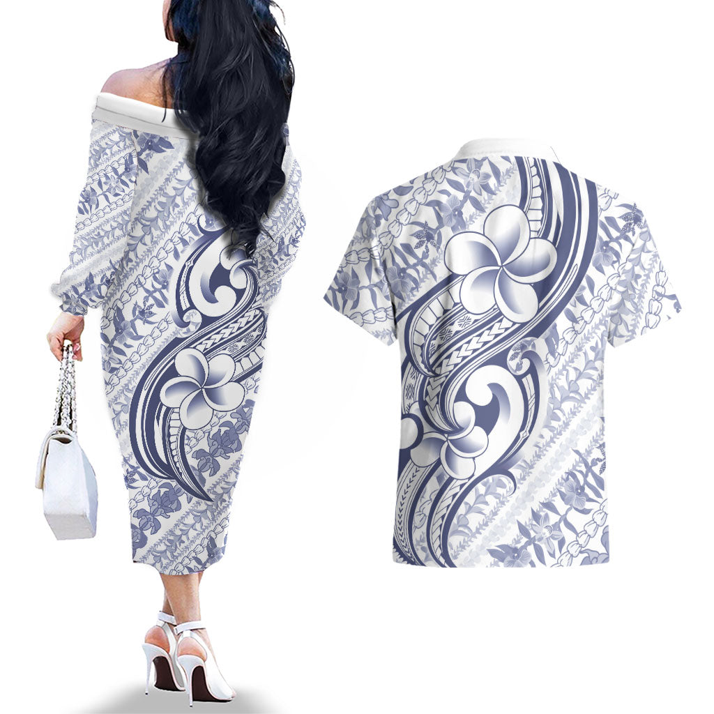 Hawaii Plumeria Lokelani Pikake Lei Couples Matching Off The Shoulder Long Sleeve Dress and Hawaiian Shirt Navy Blue Polynesian Tattoo