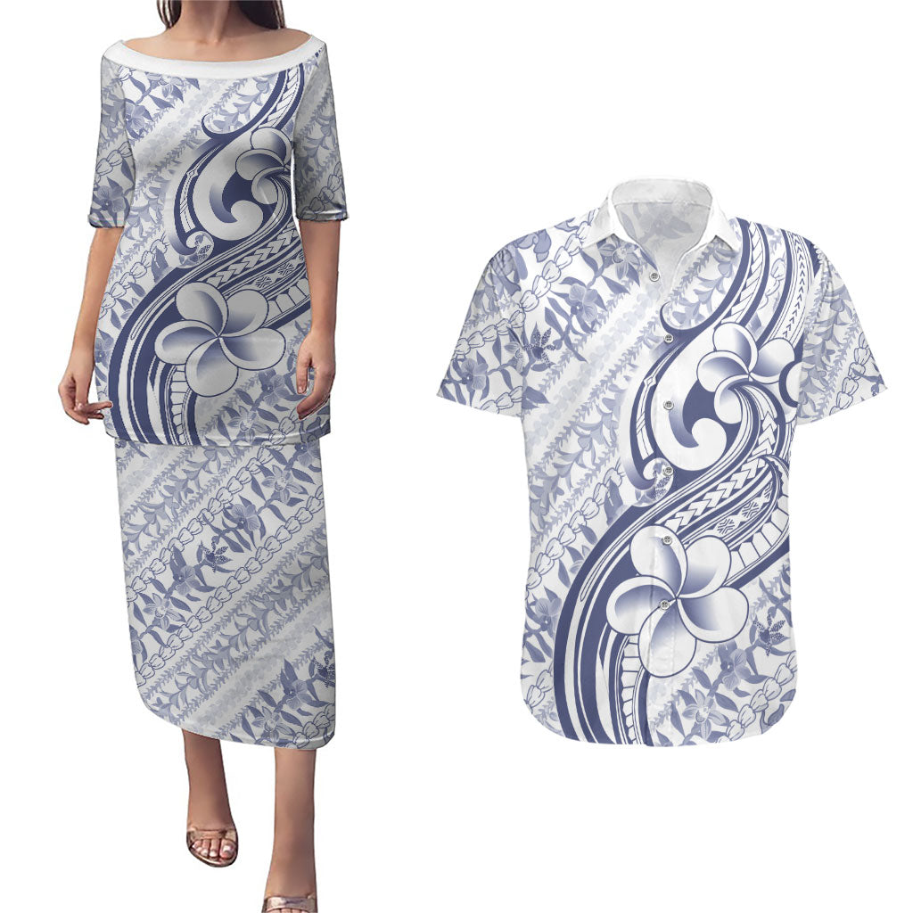 Hawaii Plumeria Lokelani Pikake Lei Couples Matching Puletasi and Hawaiian Shirt Navy Blue Polynesian Tattoo LT9 Navy Blue - Polynesian Pride