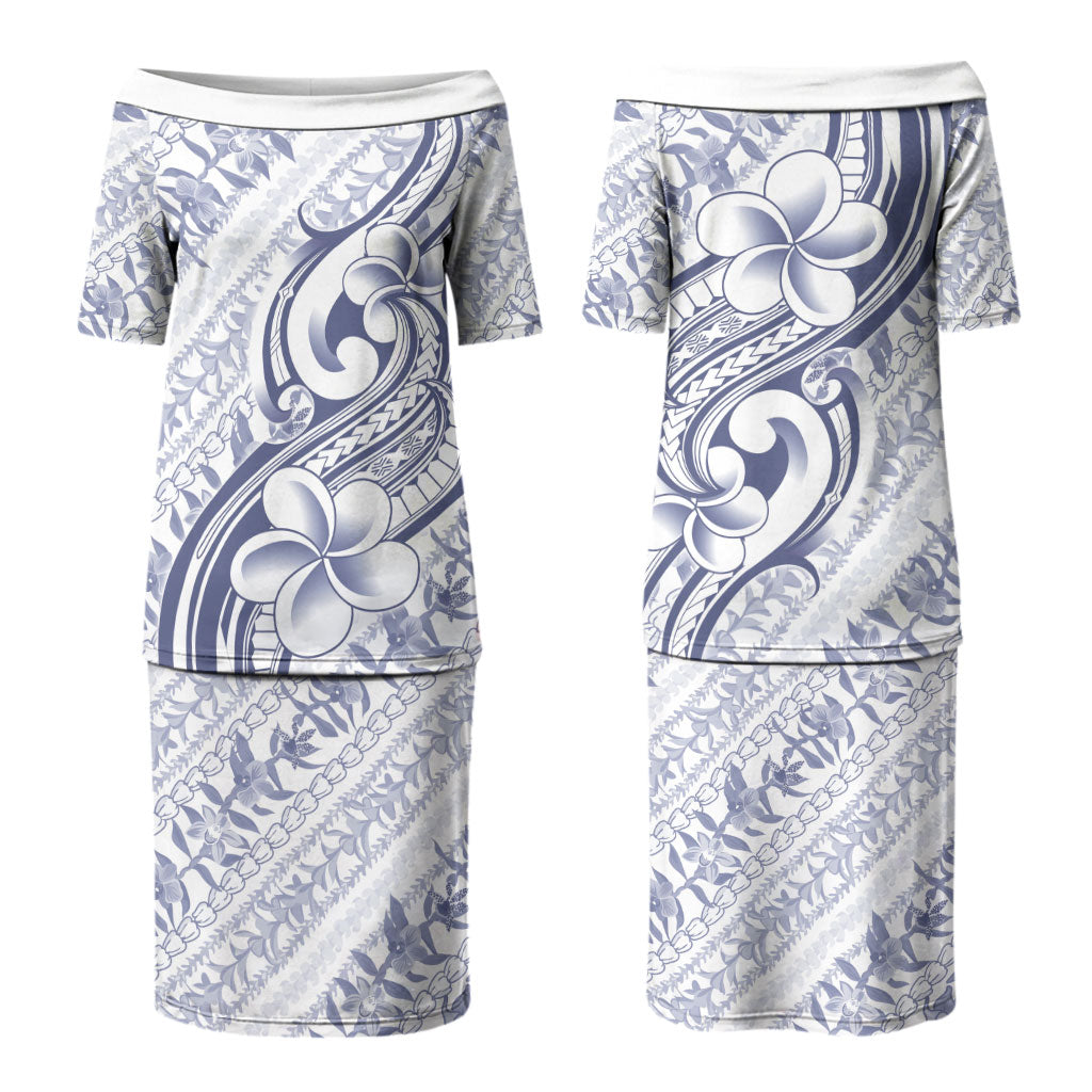 Hawaii Plumeria Lokelani Pikake Lei Couples Matching Puletasi and Hawaiian Shirt Navy Blue Polynesian Tattoo LT9 - Polynesian Pride