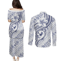 Hawaii Plumeria Lokelani Pikake Lei Couples Matching Puletasi and Long Sleeve Button Shirt Navy Blue Polynesian Tattoo