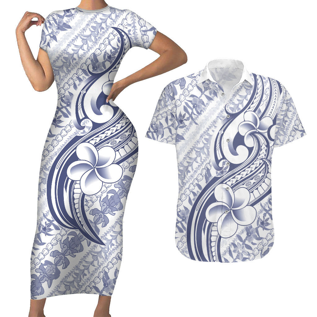 Hawaii Plumeria Lokelani Pikake Lei Couples Matching Short Sleeve Bodycon Dress and Hawaiian Shirt Navy Blue Polynesian Tattoo
