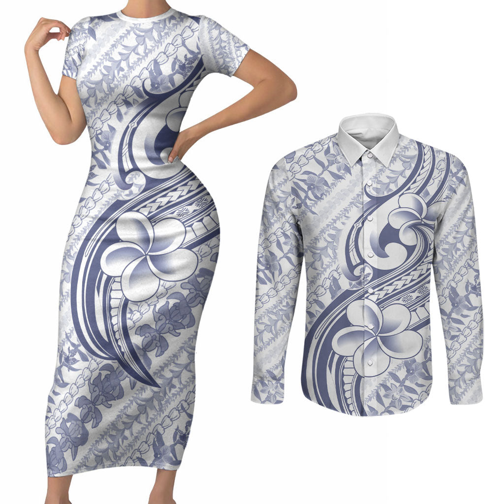 Hawaii Plumeria Lokelani Pikake Lei Couples Matching Short Sleeve Bodycon Dress and Long Sleeve Button Shirt Navy Blue Polynesian Tattoo LT9 Navy Blue - Polynesian Pride
