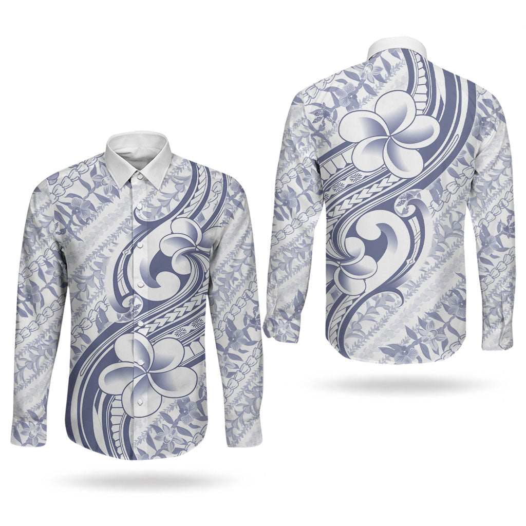 Hawaii Plumeria Lokelani Pikake Lei Couples Matching Short Sleeve Bodycon Dress and Long Sleeve Button Shirt Navy Blue Polynesian Tattoo LT9 - Polynesian Pride