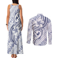 Hawaii Plumeria Lokelani Pikake Lei Couples Matching Tank Maxi Dress and Long Sleeve Button Shirt Navy Blue Polynesian Tattoo
