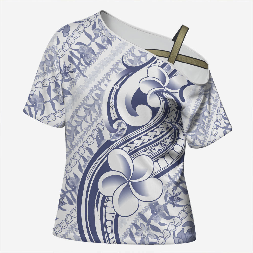 Hawaii Plumeria Lokelani Pikake Lei Cross Shoulder Shirt Navy Blue Polynesian Tattoo LT9 Female Navy Blue - Polynesian Pride