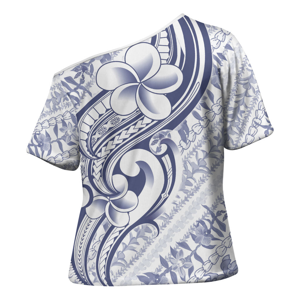 Hawaii Plumeria Lokelani Pikake Lei Cross Shoulder Shirt Navy Blue Polynesian Tattoo LT9 - Polynesian Pride