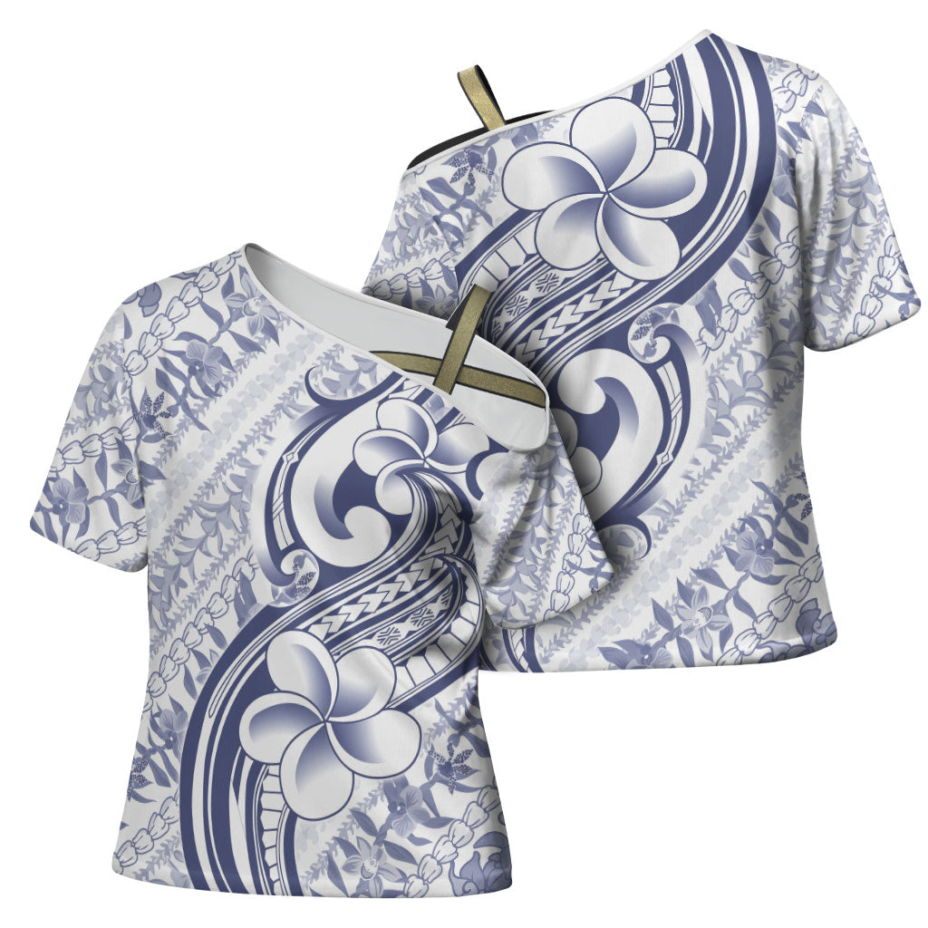 Hawaii Plumeria Lokelani Pikake Lei Cross Shoulder Shirt Navy Blue Polynesian Tattoo LT9 - Polynesian Pride