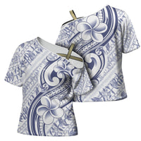 Hawaii Plumeria Lokelani Pikake Lei Cross Shoulder Shirt Navy Blue Polynesian Tattoo LT9 - Polynesian Pride
