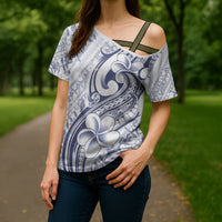 Hawaii Plumeria Lokelani Pikake Lei Cross Shoulder Shirt Navy Blue Polynesian Tattoo LT9 - Polynesian Pride