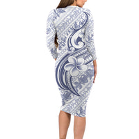 Hawaii Plumeria Lokelani Pikake Lei Family Matching Long Sleeve Bodycon Dress and Hawaiian Shirt Navy Blue Polynesian Tattoo