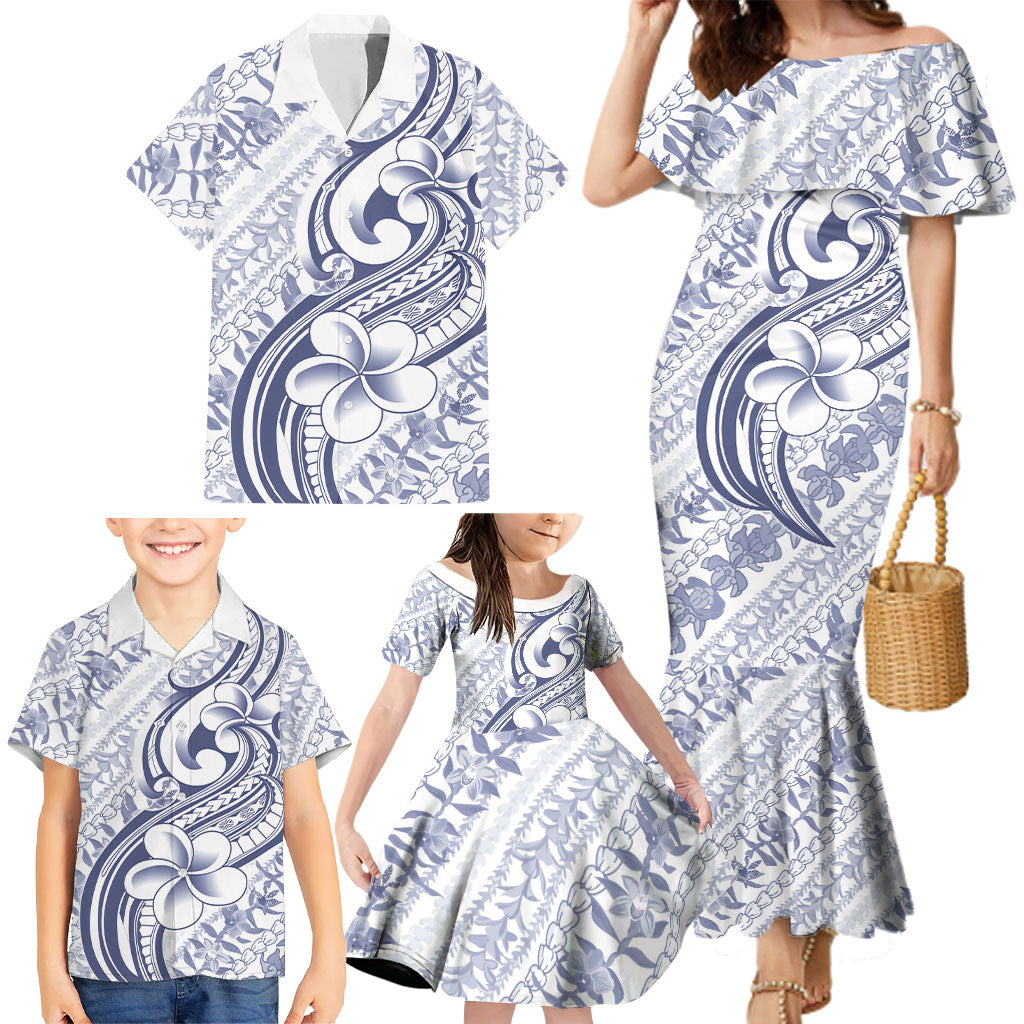 Hawaii Plumeria Lokelani Pikake Lei Family Matching Mermaid Dress and Hawaiian Shirt Navy Blue Polynesian Tattoo